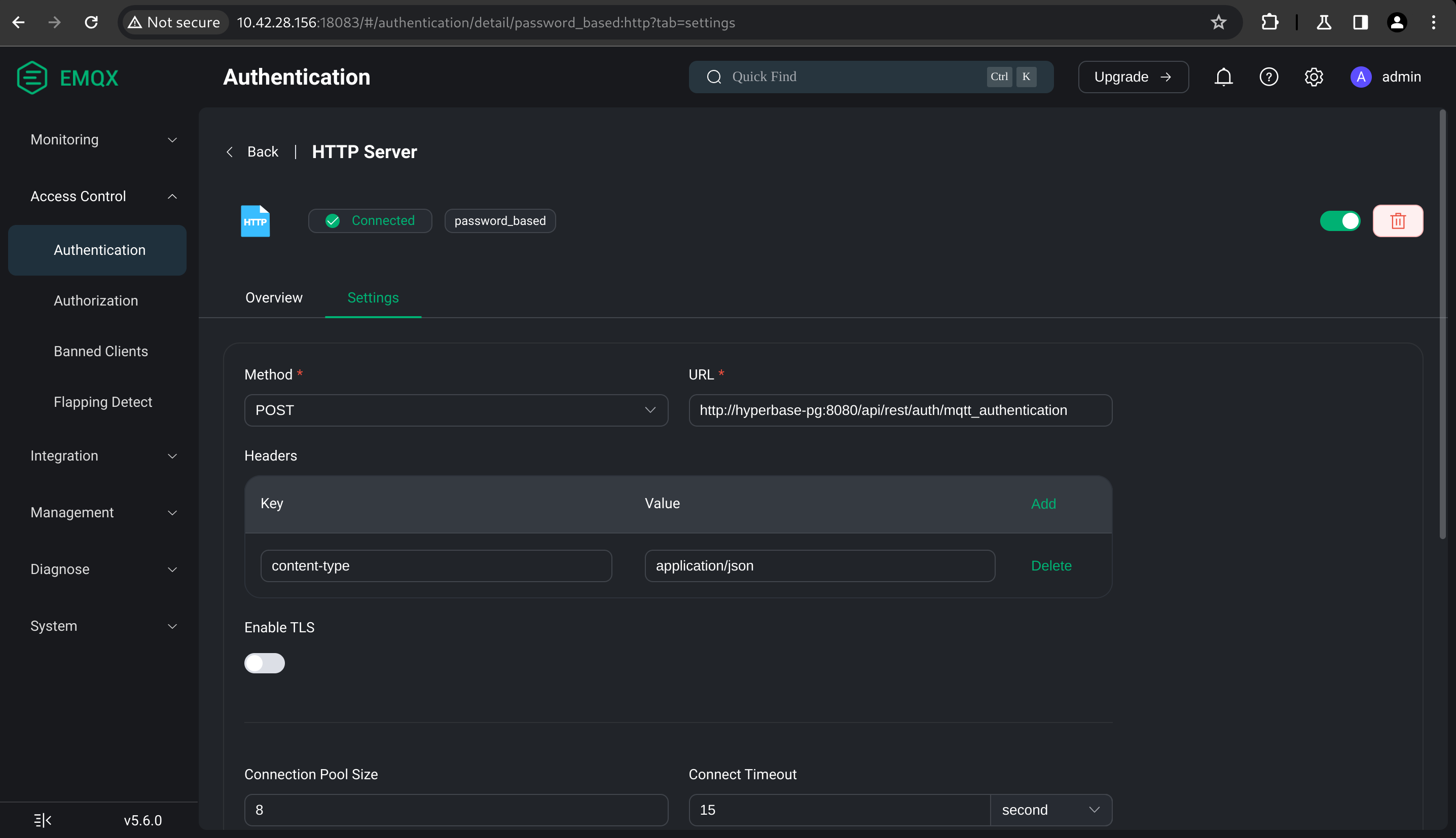 EMQX dashboard authentication configuration page
