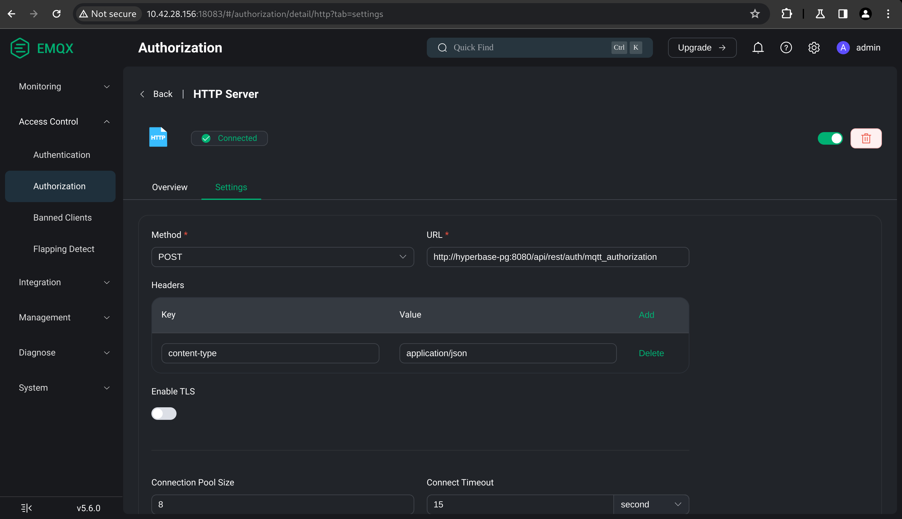 EMQX dashboard authorization configuration page