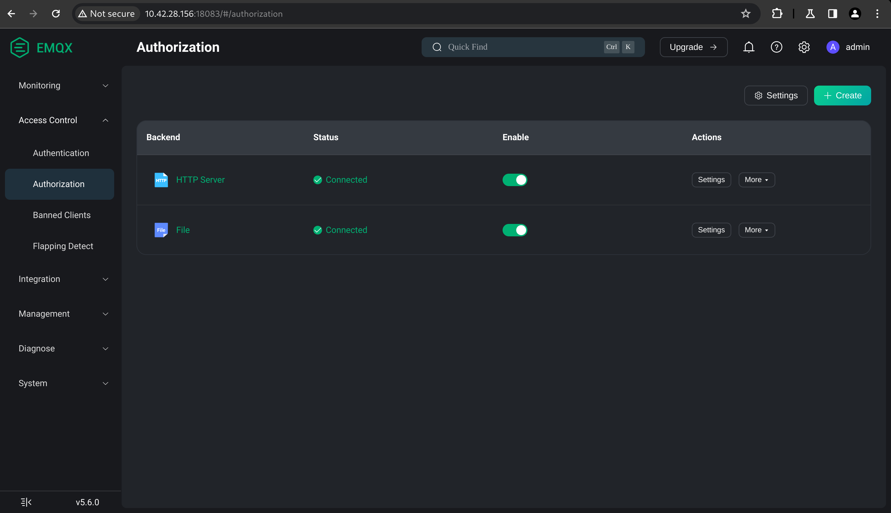 EMQX dashboard authorization page